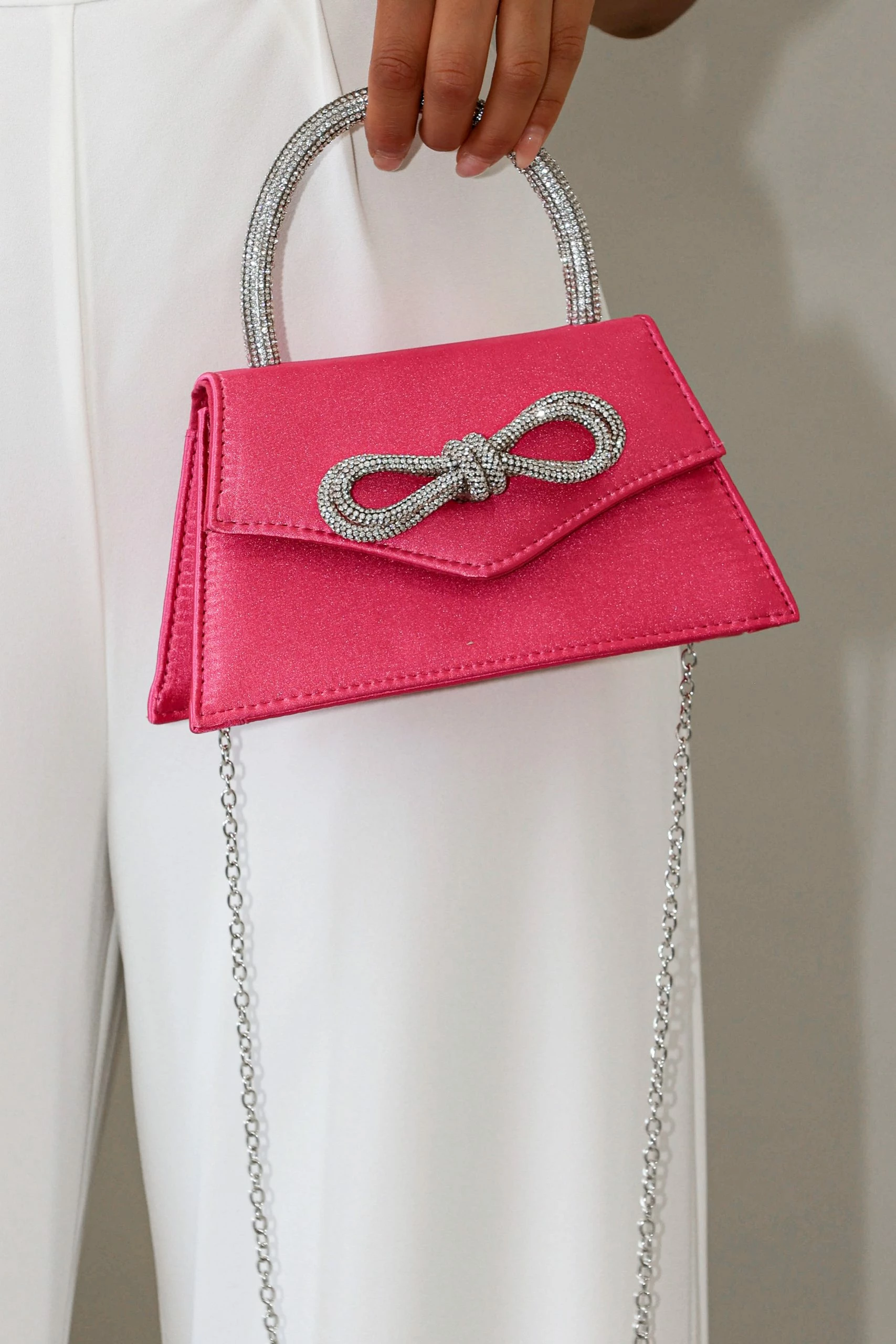 Flicka Rhinestone Bow Bag - Pink Satin 3 Flicka Rhinestone Bow Bag - Pink Satin - Image 3