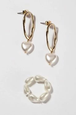 Heart Earring And Ring Set - Pearl -Dress Shop petal and pup usa accessories heart earring and ring set pearl one size 33080363024561
