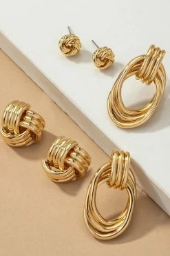 Metal Knot Hoop Earrings 3 Pack Set - Gold