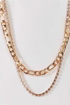 Rhinestone Chain Necklace Set - Gold