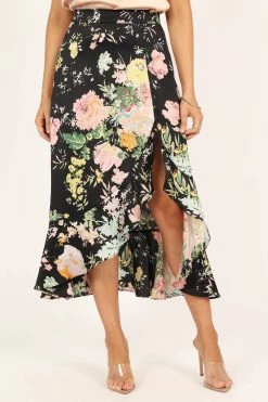 Meredith Midi Skirt - Black Floral -Dress Shop petal and pup usa bottoms meredith midi skirt black floral 33487899230385