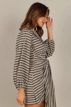 Abbie Wrap Long Sleeve Mini Dress - Black/White -Dress Shop petal and pup usa dresses abbie wrap long sleeve mini dress black white 33288962375857