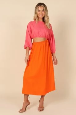 Dress Shop 45 Affection Mid Sleeve Waist Cutout Midi Dress - Pink/Orange