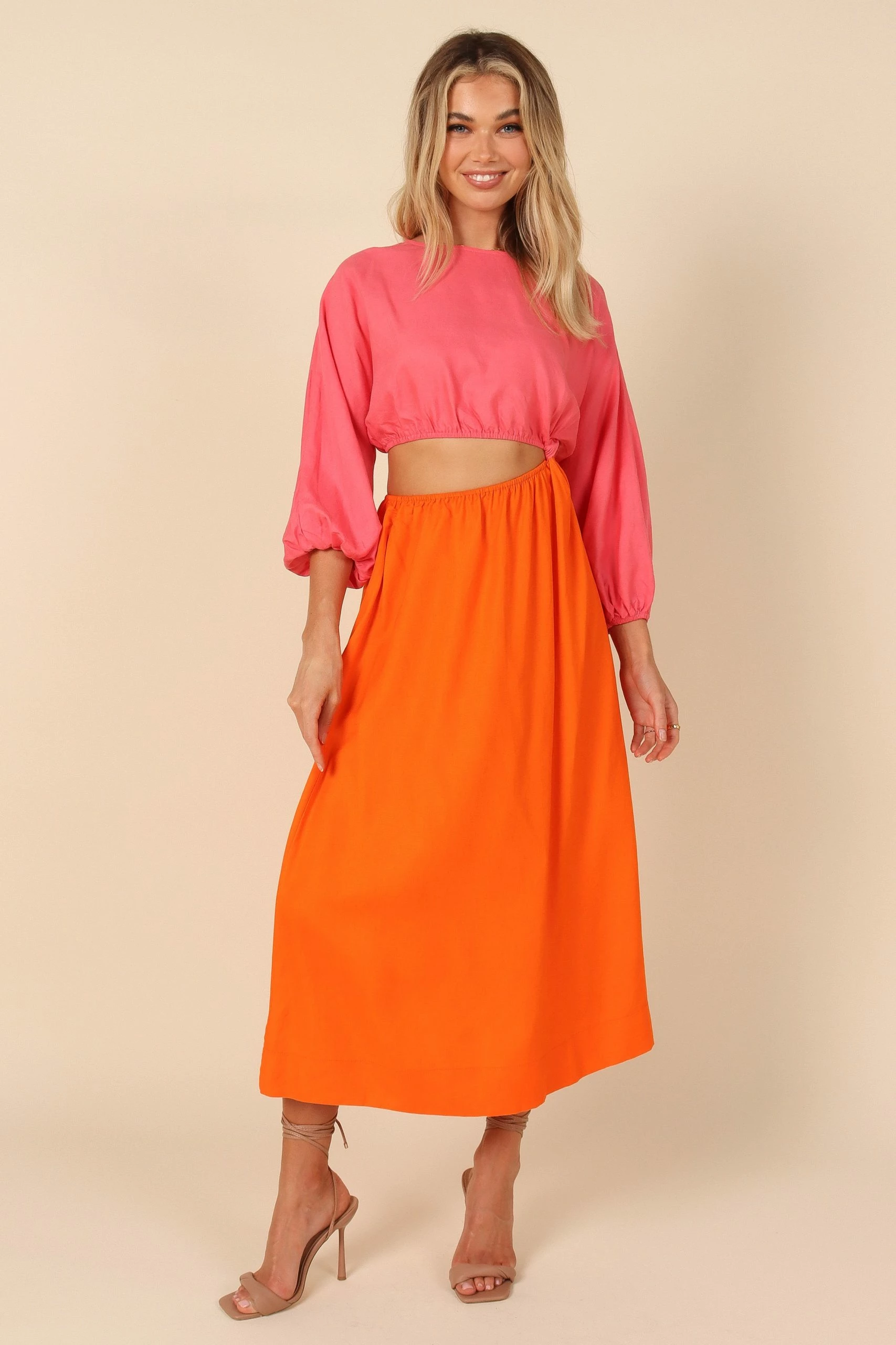 Affection Mid Sleeve Waist Cutout Midi Dress - Pink/Orange 1 Affection Mid Sleeve Waist Cutout Midi Dress - Pink/Orange