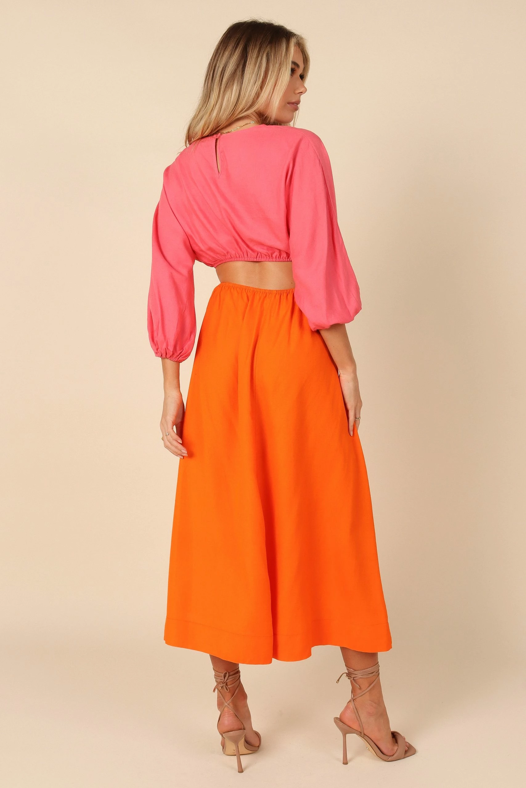 Affection Mid Sleeve Waist Cutout Midi Dress - Pink/Orange 3 Affection Mid Sleeve Waist Cutout Midi Dress - Pink/Orange - Image 3