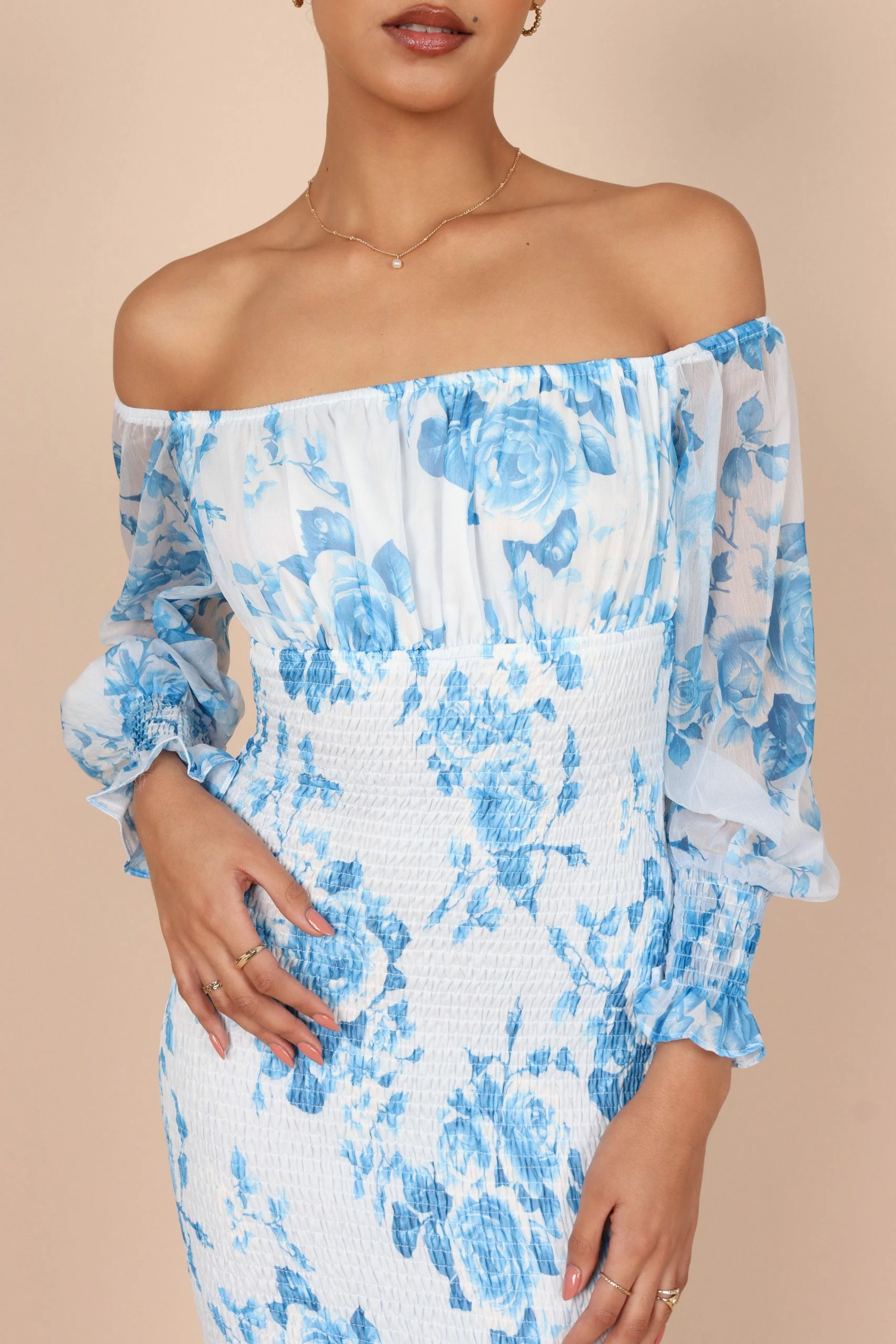 Affie Off Shoulder Midi Dress - Blue Floral 5 Affie Off Shoulder Midi Dress - Blue Floral - Image 5