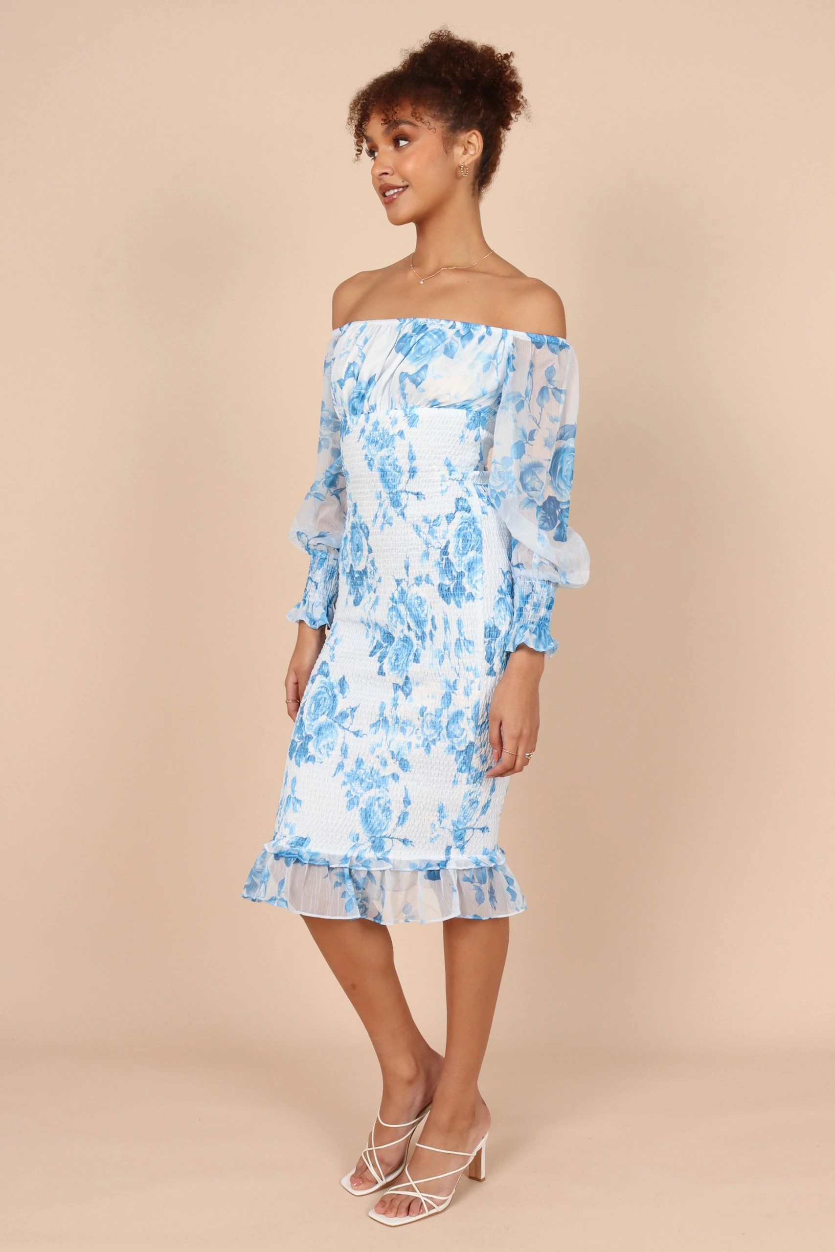 Affie Off Shoulder Midi Dress - Blue Floral 7 Affie Off Shoulder Midi Dress - Blue Floral - Image 7