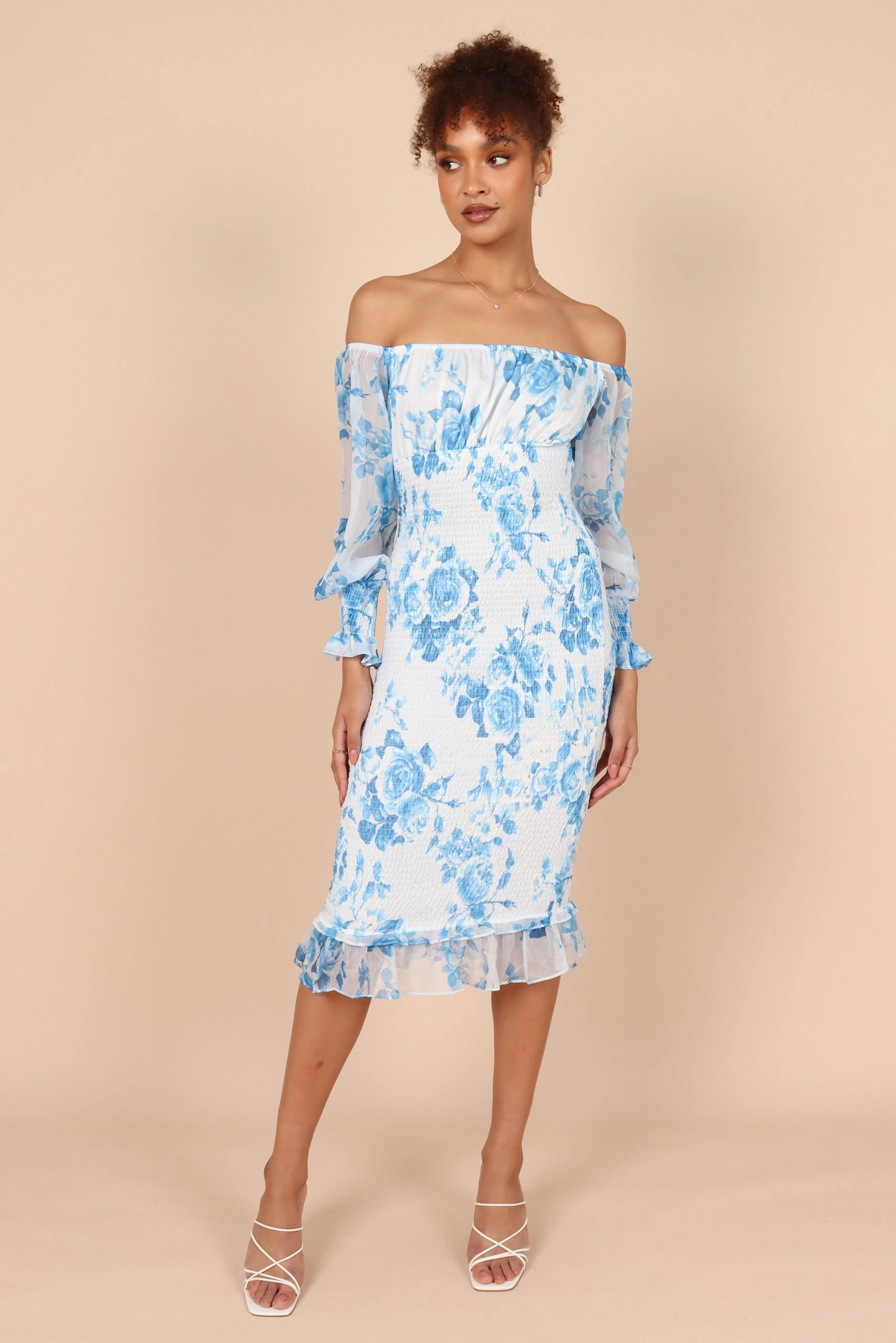 Affie Off Shoulder Midi Dress - Blue Floral 9 Affie Off Shoulder Midi Dress - Blue Floral - Image 9