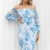 Affie Off Shoulder Midi Dress - Blue Floral