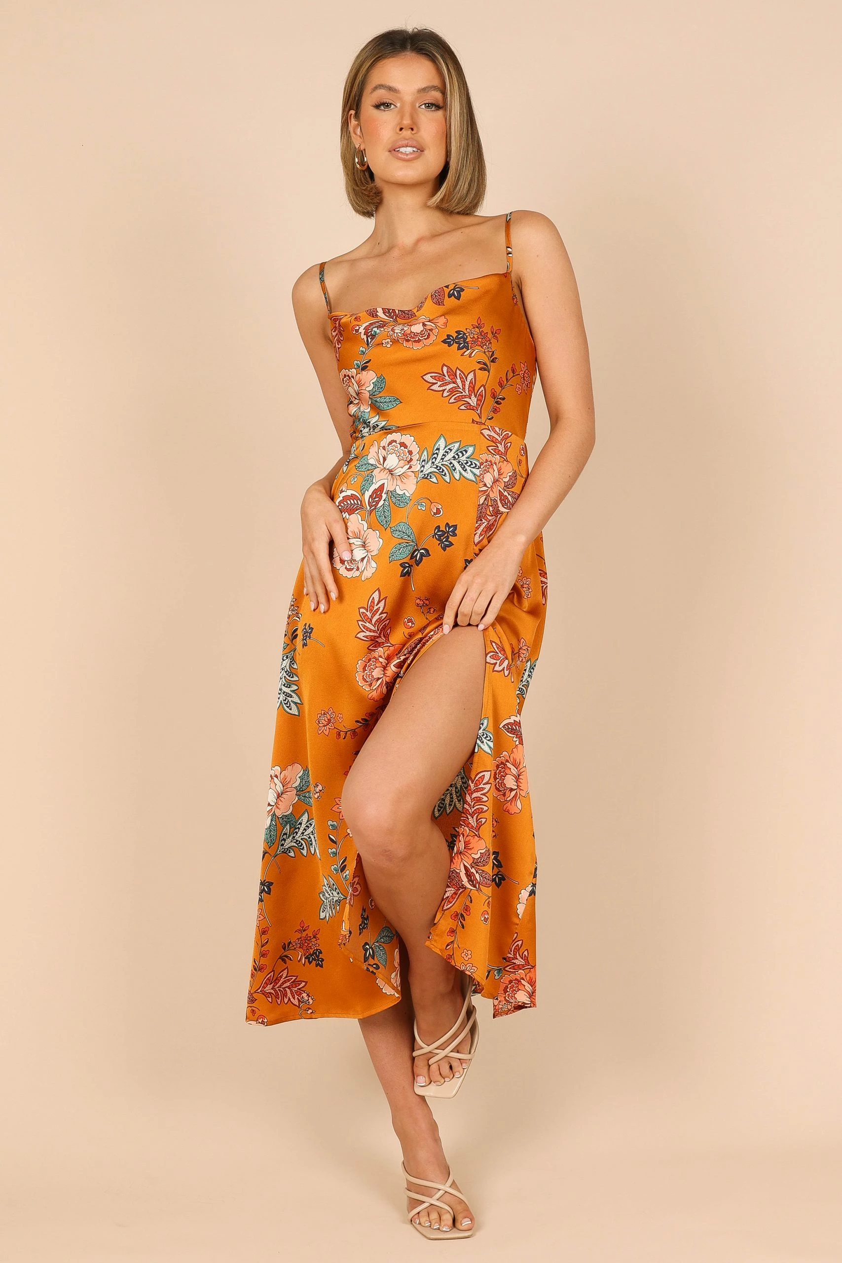 Alejandra Cowl Neck Midi Dress - Tan 1 Alejandra Cowl Neck Midi Dress - Tan