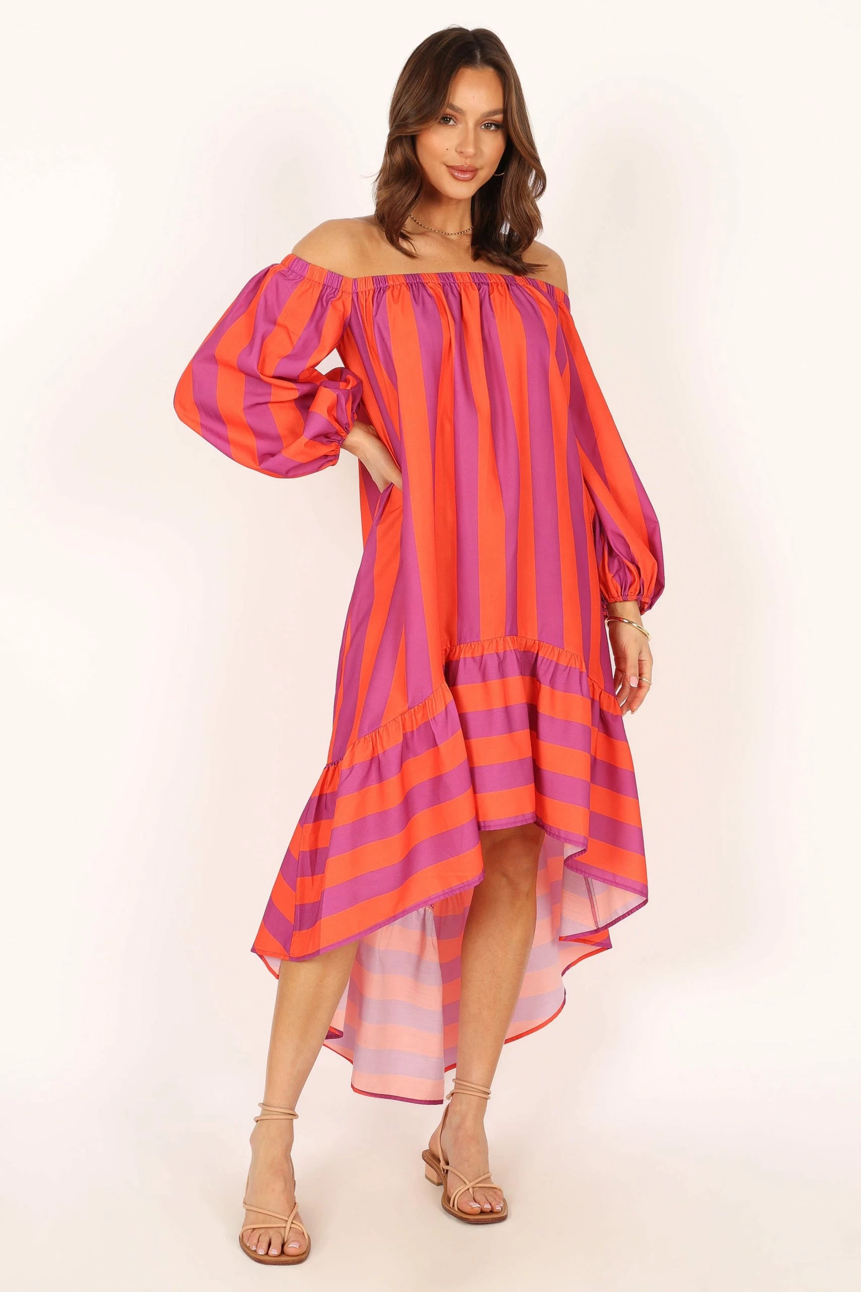 Alysa Off Shoulder Midi Dress - Coral Stripe 1 Alysa Off Shoulder Midi Dress - Coral Stripe