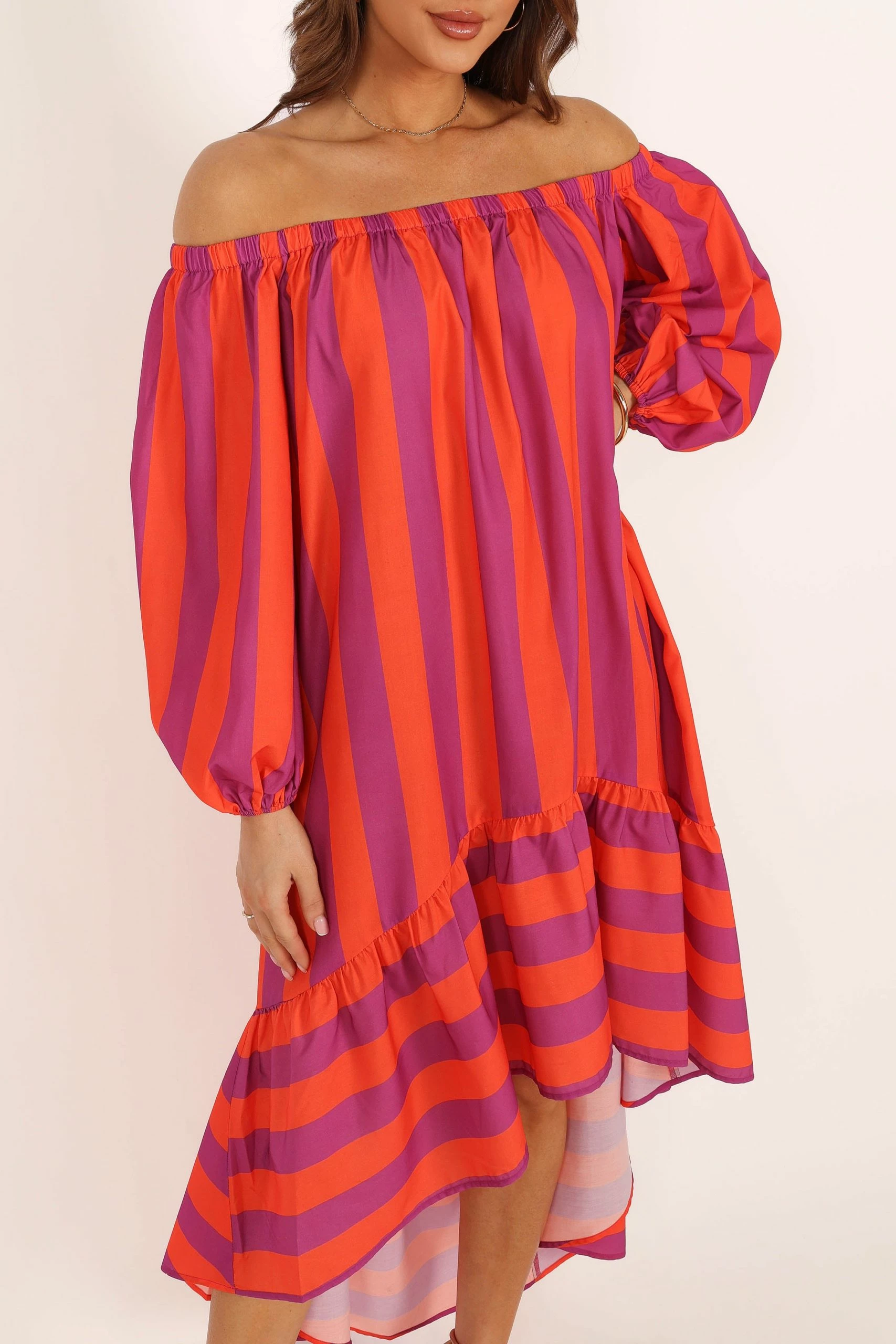 Alysa Off Shoulder Midi Dress - Coral Stripe 2 Alysa Off Shoulder Midi Dress - Coral Stripe - Image 2