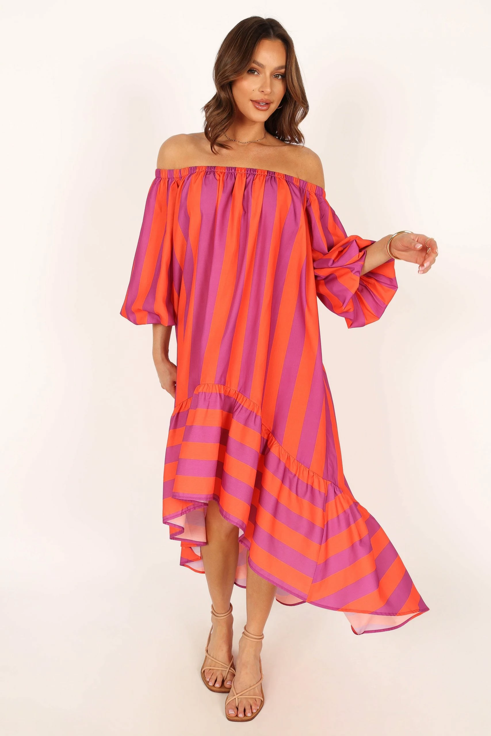Alysa Off Shoulder Midi Dress - Coral Stripe 5 Alysa Off Shoulder Midi Dress - Coral Stripe - Image 5