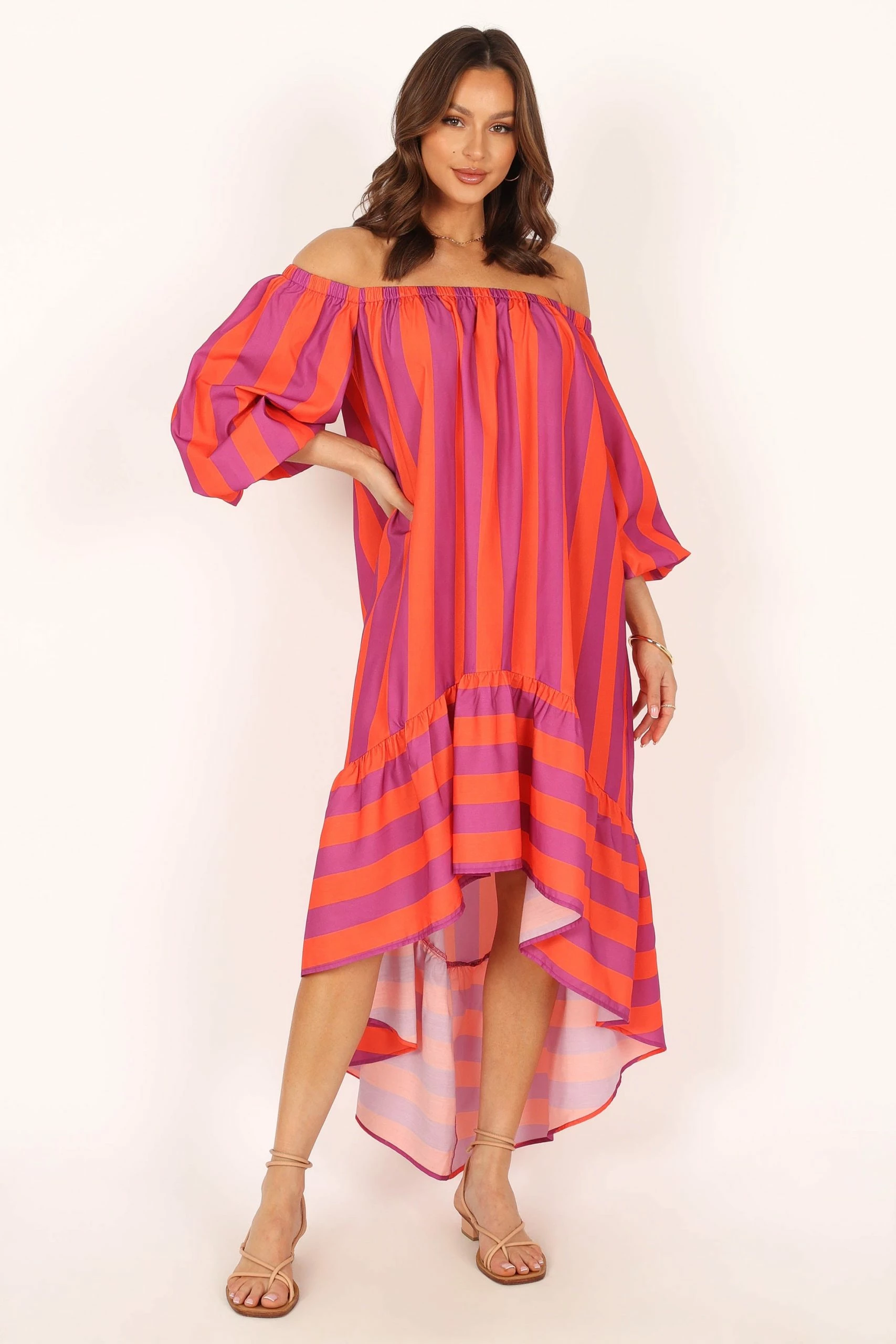 Alysa Off Shoulder Midi Dress - Coral Stripe 7 Alysa Off Shoulder Midi Dress - Coral Stripe - Image 7