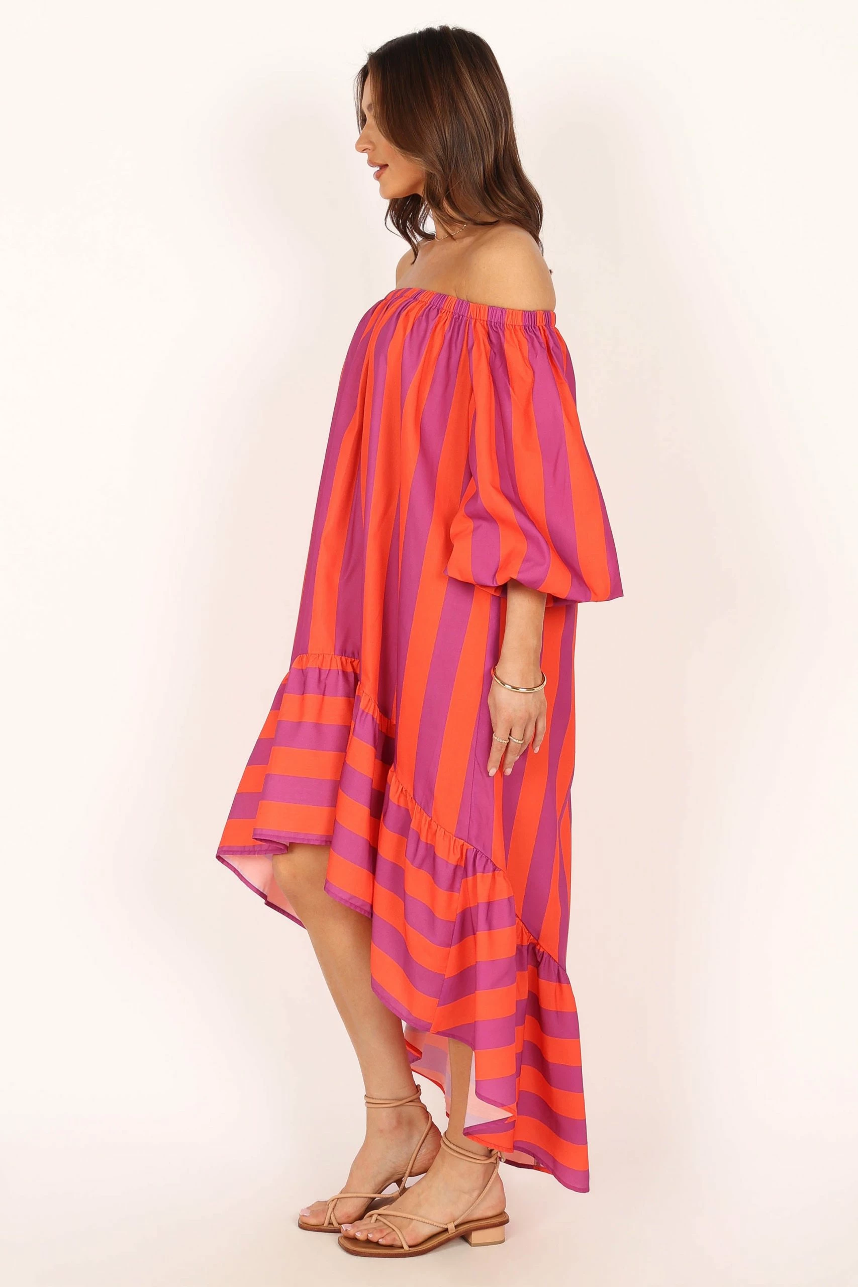 Alysa Off Shoulder Midi Dress - Coral Stripe 9 Alysa Off Shoulder Midi Dress - Coral Stripe - Image 9