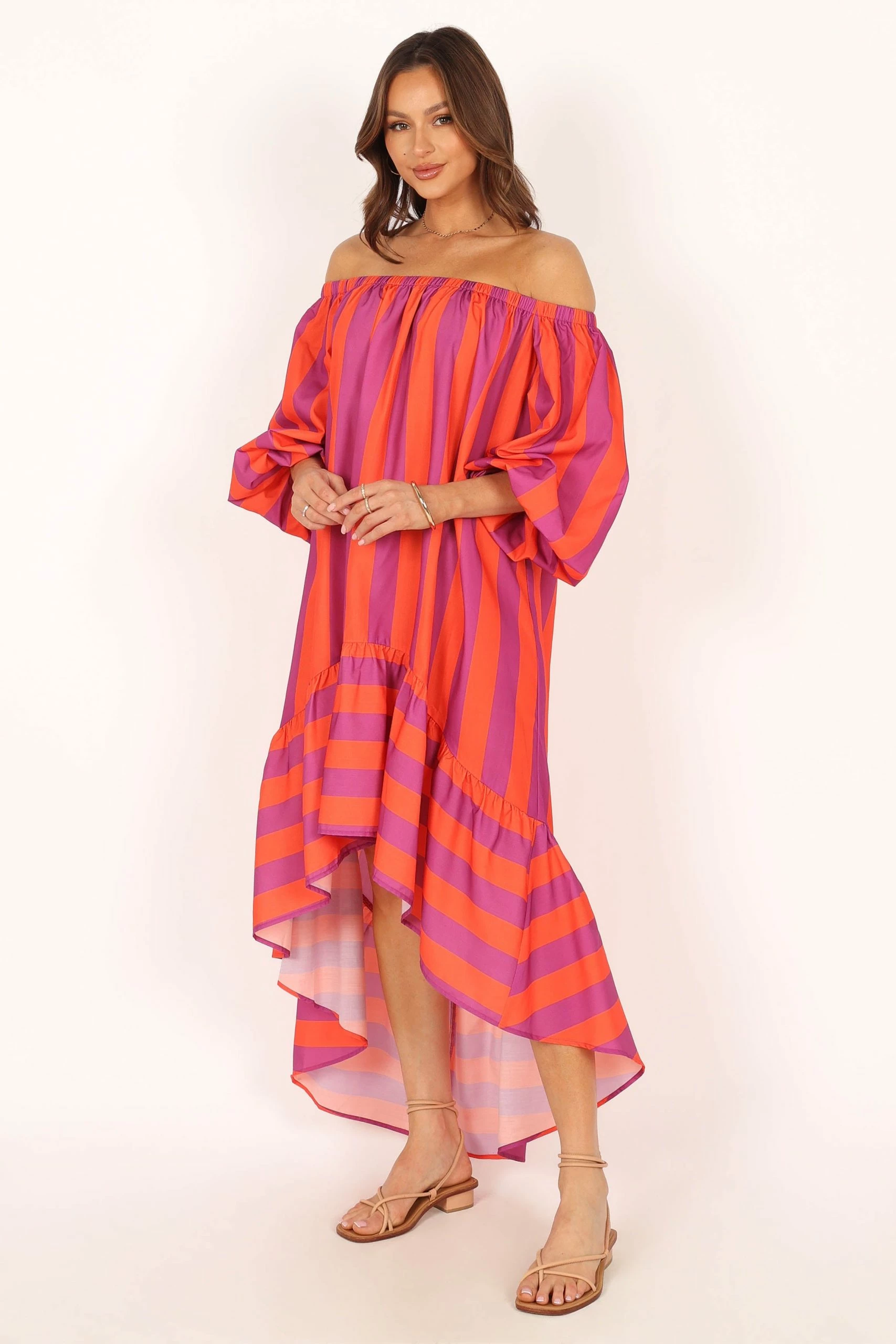 Alysa Off Shoulder Midi Dress - Coral Stripe 11 Alysa Off Shoulder Midi Dress - Coral Stripe - Image 11