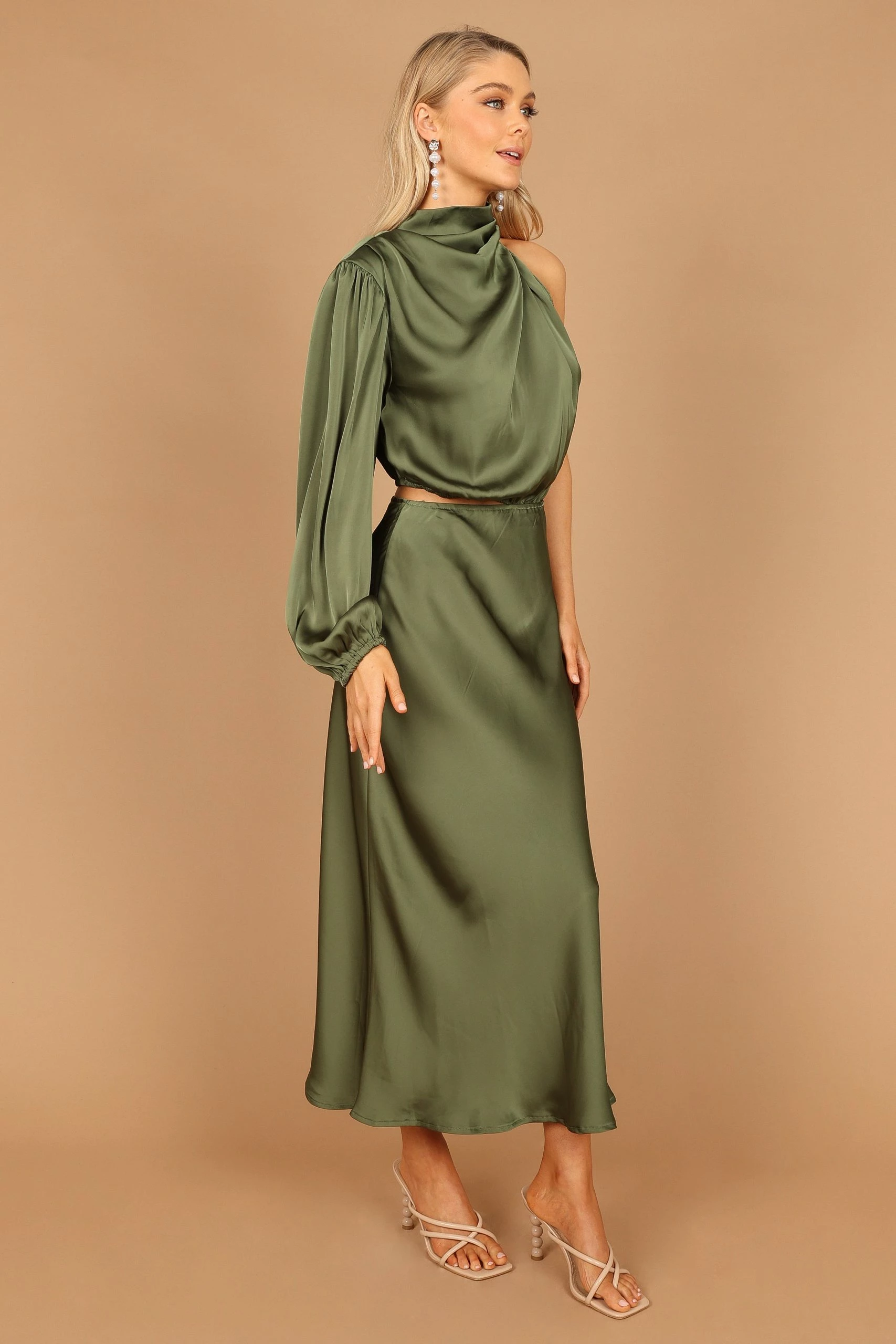 Amelie One Shoulder Midi Dress - Olive 9 Amelie One Shoulder Midi Dress - Olive - Image 9