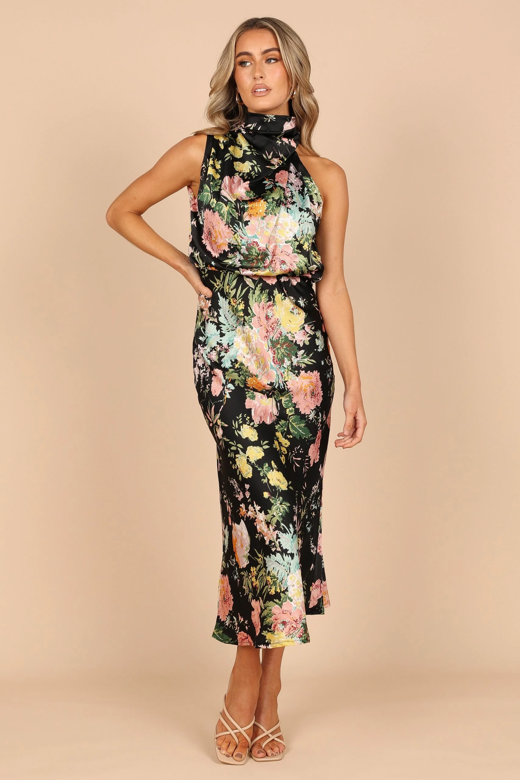Anabelle Halter Neck Midi Dress - Black Floral 2 Anabelle Halter Neck Midi Dress - Black Floral - Image 2