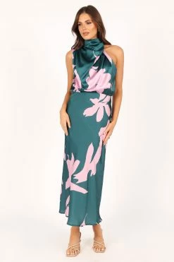 Anabelle Halter Neck Midi Dress - Green Pink -Dress Shop petal and pup usa dresses anabelle halter neck maxi dress green pink 33612341805233