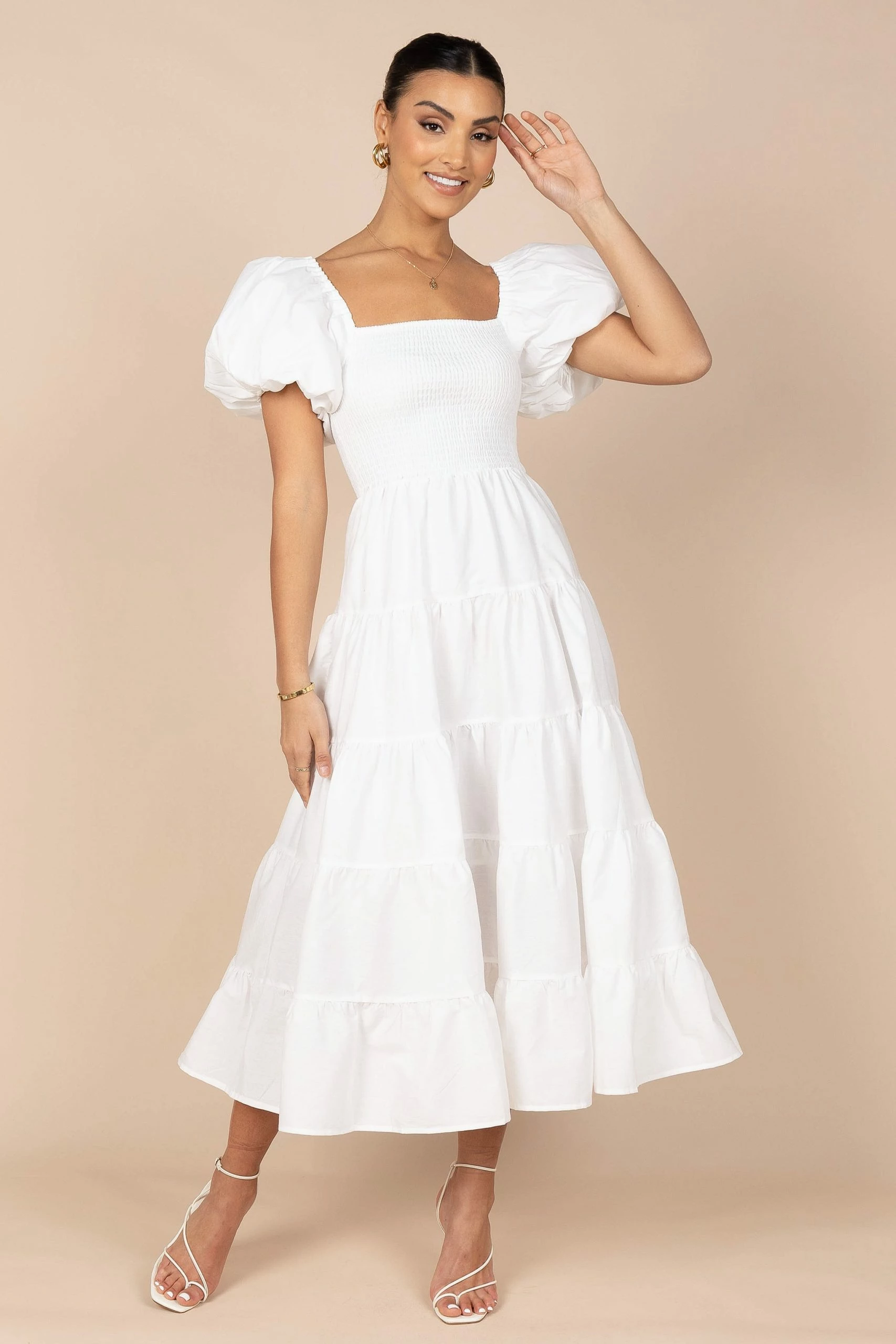 Annette Puff Sleeve Shirred Midi Dress - White 4 Annette Puff Sleeve Shirred Midi Dress - White - Image 4