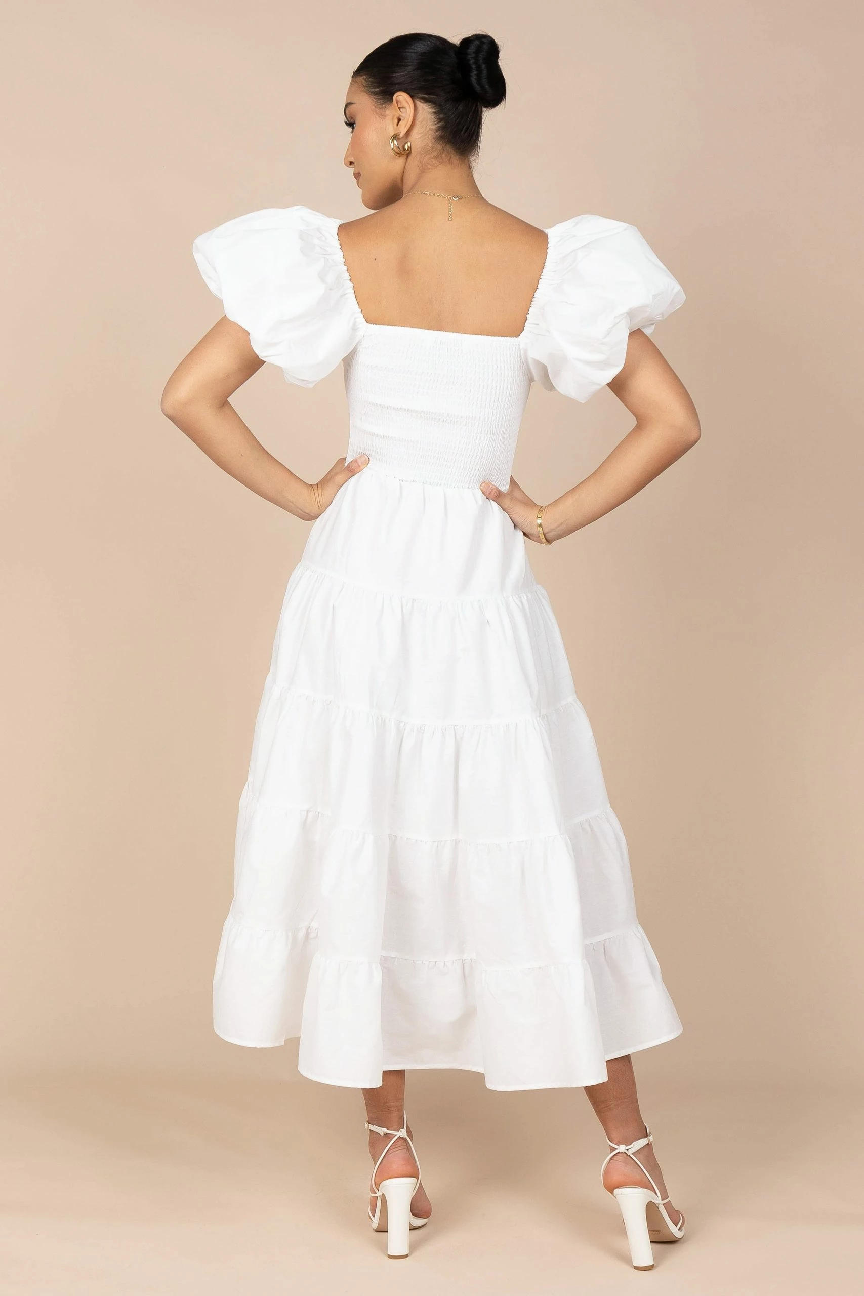 Annette Puff Sleeve Shirred Midi Dress - White 5 Annette Puff Sleeve Shirred Midi Dress - White - Image 5