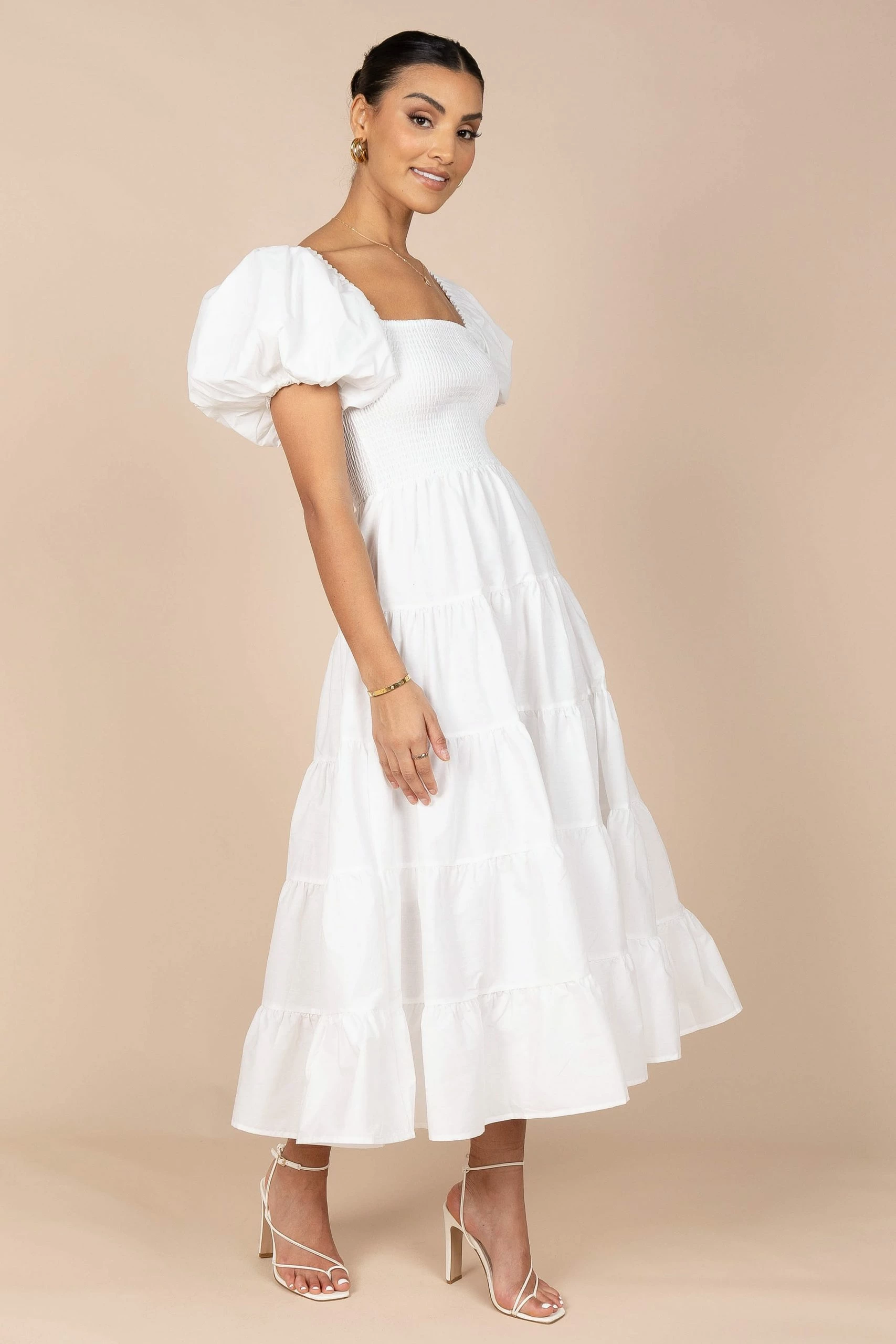 Annette Puff Sleeve Shirred Midi Dress - White 7 Annette Puff Sleeve Shirred Midi Dress - White - Image 7