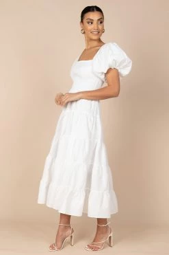 Annette Puff Sleeve Shirred Midi Dress - White 17 Annette Puff Sleeve Shirred Midi Dress - White -Dress Shop petal and pup usa dresses annette puff sleeve shirred midi dress white 32380556279985