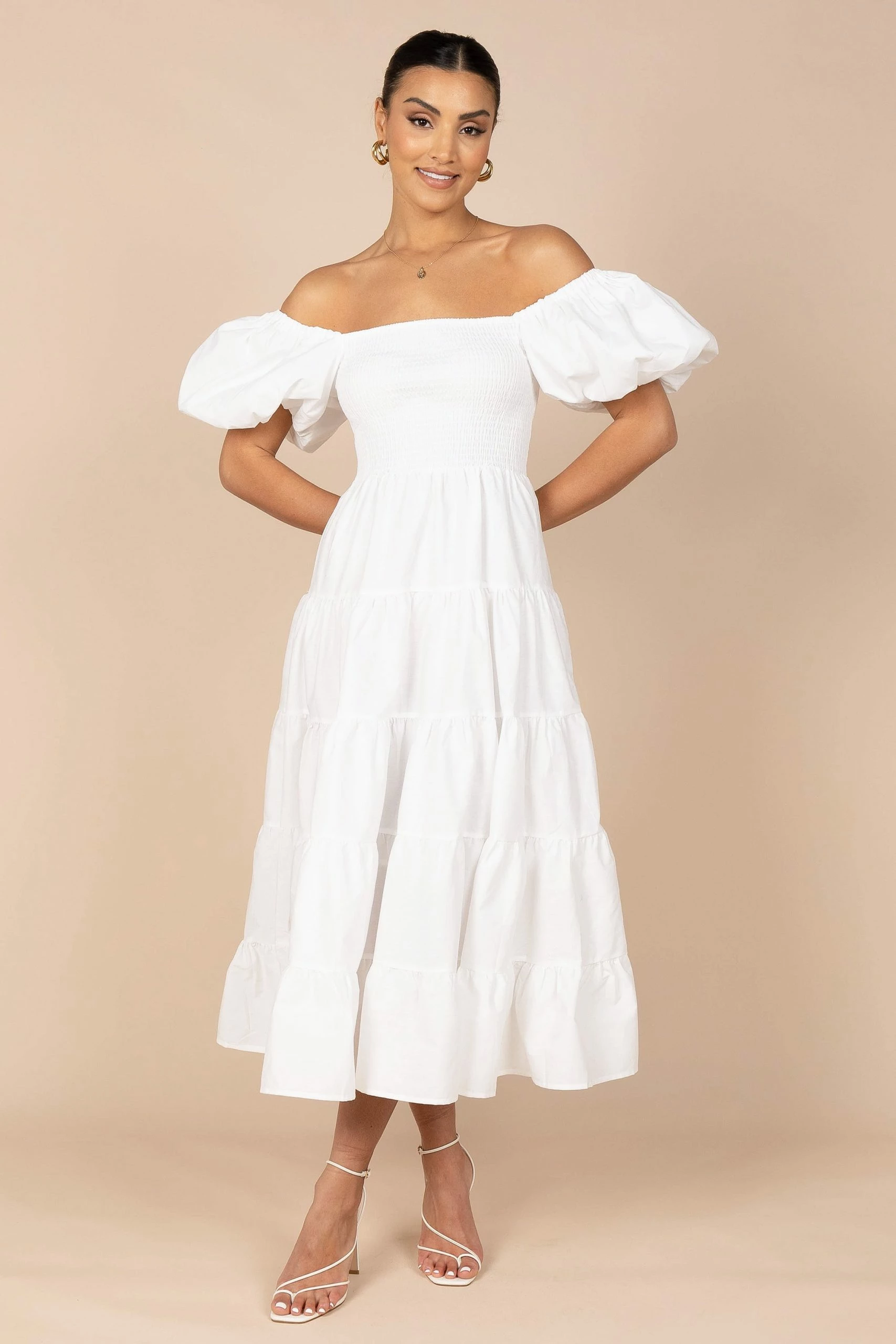 Annette Puff Sleeve Shirred Midi Dress - White 8 Annette Puff Sleeve Shirred Midi Dress - White - Image 8