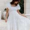 Annette Puff Sleeve Shirred Midi Dress - White