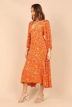 Aron Long Sleeve Midi Dress - Orange Floral -Dress Shop petal and pup usa dresses aron long sleeve maxi dress orange floral 32747562172593