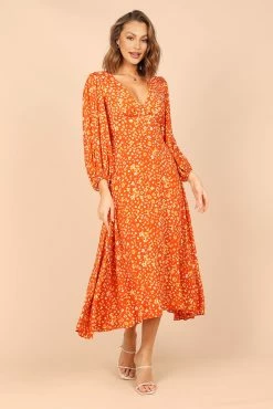 Aron Long Sleeve Midi Dress - Orange Floral