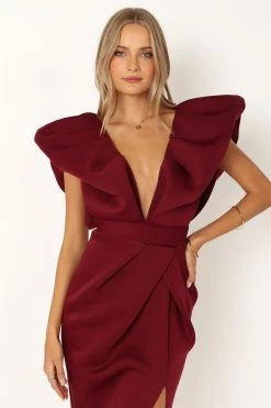 Augie Frill Shoulder Maxi Dress - Burgundy -Dress Shop petal and pup usa dresses augie frill shoulder maxi dress burgundy 33951036932273