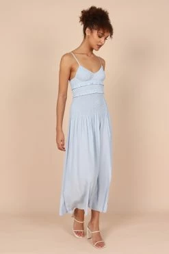 Bell Shirred Midi Dress - Blue -Dress Shop petal and pup usa dresses bell shirred midi dress blue 32264707309745