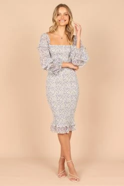 Bonita Shirred Frill Long Sleeve Bodycon Midi Dress - Blue Floral