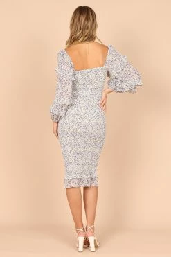 Bonita Shirred Frill Long Sleeve Bodycon Midi Dress - Blue Floral -Dress Shop petal and pup usa dresses bonita shirred frill long sleeve bodycon midi dress blue floral 32455811563697