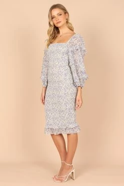 Bonita Shirred Frill Long Sleeve Bodycon Midi Dress - Blue Floral -Dress Shop petal and pup usa dresses bonita shirred frill long sleeve bodycon midi dress blue floral 32455811629233