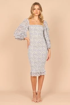 Bonita Shirred Frill Long Sleeve Bodycon Midi Dress - Blue Floral -Dress Shop petal and pup usa dresses bonita shirred frill long sleeve bodycon midi dress blue floral 32455811662001