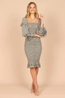 Bonita Shirred Frill Long Sleeve Bodycon Midi Dress - Sage Floral -Dress Shop petal and pup usa dresses bonita shirred frill long sleeve bodycon midi dress sage floral 32439940120753