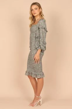 Bonita Shirred Frill Long Sleeve Bodycon Midi Dress - Sage Floral -Dress Shop petal and pup usa dresses bonita shirred frill long sleeve bodycon midi dress sage floral 32439940153521