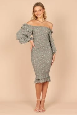 Bonita Shirred Frill Long Sleeve Bodycon Midi Dress - Sage Floral -Dress Shop petal and pup usa dresses bonita shirred frill long sleeve bodycon midi dress sage floral 32439940219057