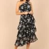 Brigette One Shoulder Tiered Midi Dress - Black Floral