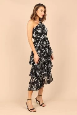 Brigette One Shoulder Tiered Midi Dress - Black Floral -Dress Shop petal and pup usa dresses brigette one shoulder tiered maxi dress black floral 32380558278833