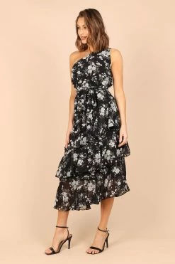 Brigette One Shoulder Tiered Midi Dress - Black Floral -Dress Shop petal and pup usa dresses brigette one shoulder tiered maxi dress black floral 32380558344369