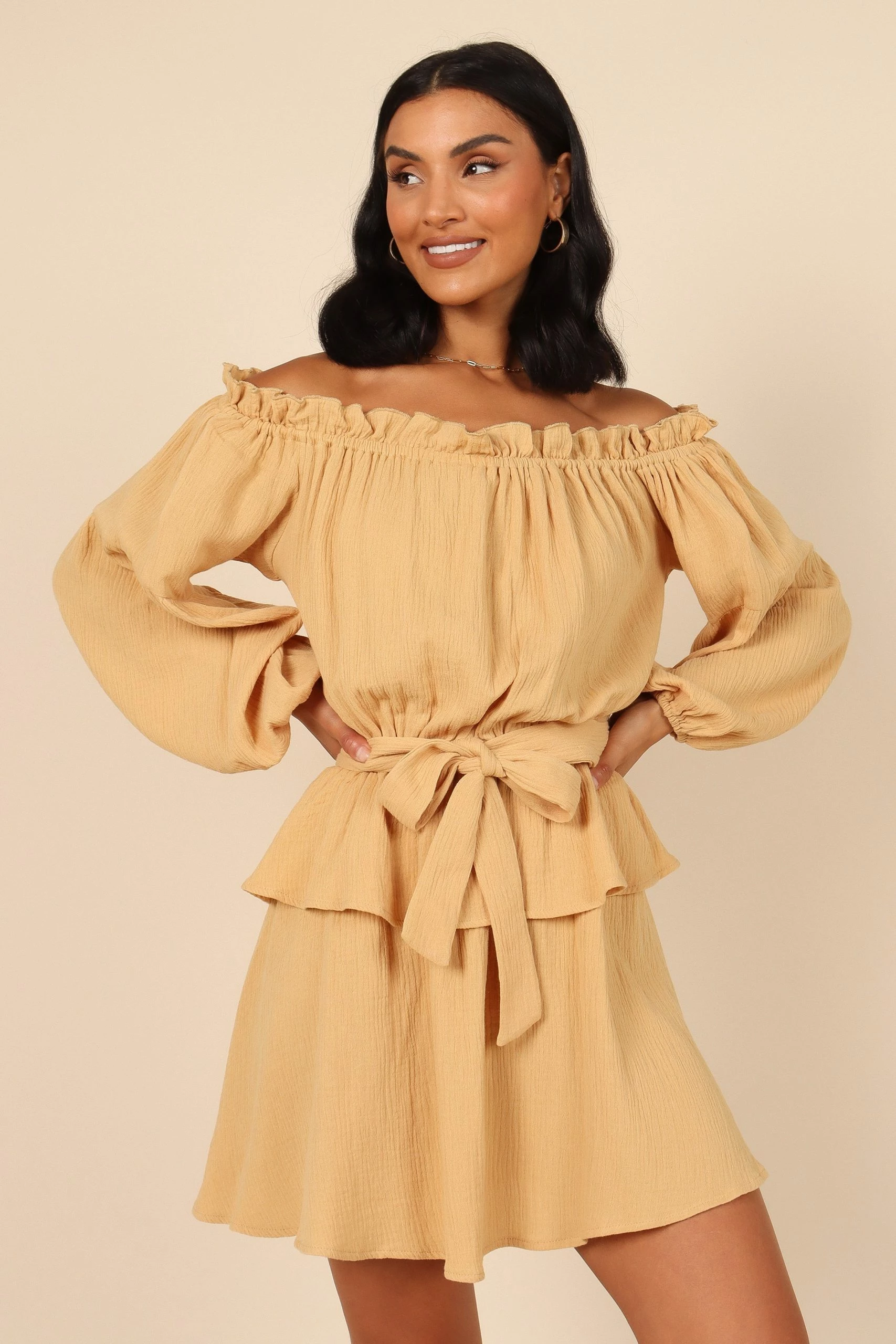 Callie Off Shoulder Mini Dress - Mustard 1 Callie Off Shoulder Mini Dress - Mustard