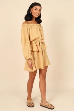 Callie Off Shoulder Mini Dress - Mustard 14 Callie Off Shoulder Mini Dress - Mustard -Dress Shop petal and pup usa dresses callie off shoulder mini dress mustard 32077226705073