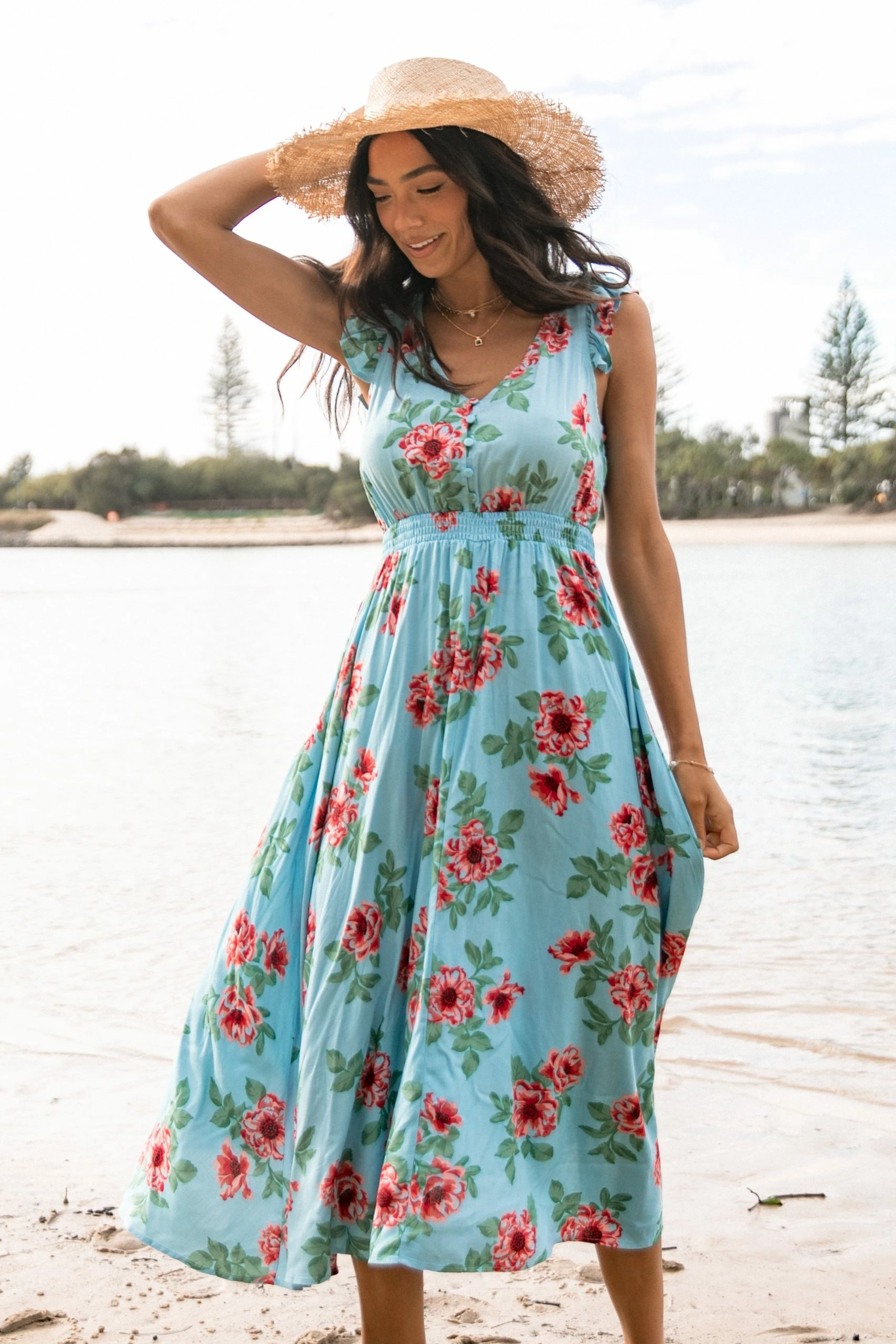 Cassatt Frill Cap Sleeve Midi Dress - Blue Floral 1 Cassatt Frill Cap Sleeve Midi Dress - Blue Floral