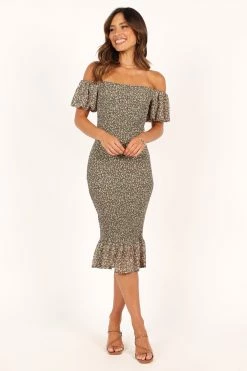 Claire Shirred Bodycon Off Shoulder Midi Dress - Green Floral -Dress Shop petal and pup usa dresses claire shirred bodycon off shoulder midi dress green floral 33588860059825