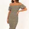Claire Shirred Bodycon Off Shoulder Midi Dress - Green Floral
