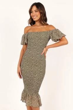 Claire Shirred Bodycon Off Shoulder Midi Dress - Green Floral
