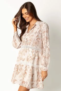 Clarice Long Sleeve Mini Dress - Tan Print